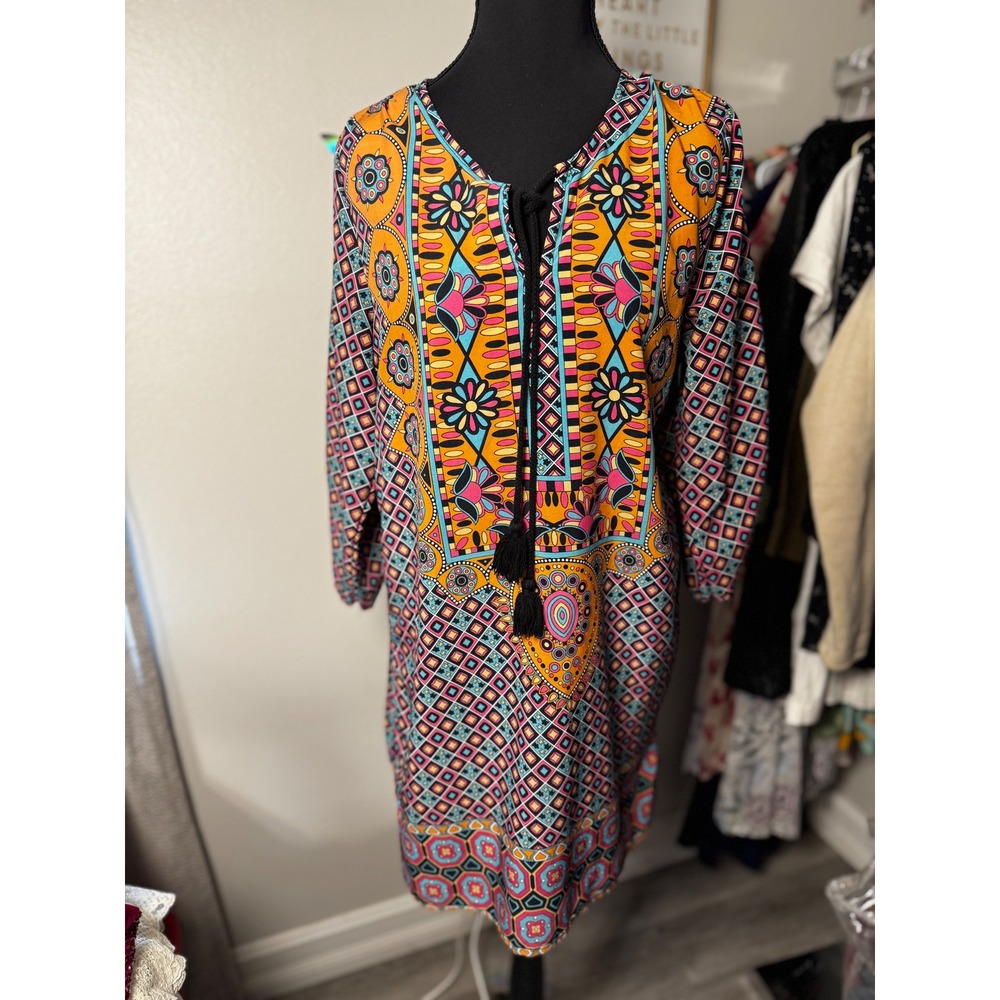 NLW Womens Boho Geometric Floral Print Tassel Shift Dress Orange Turquoise XL